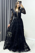 Black Flock Print Belted Plus Size Evening Dress