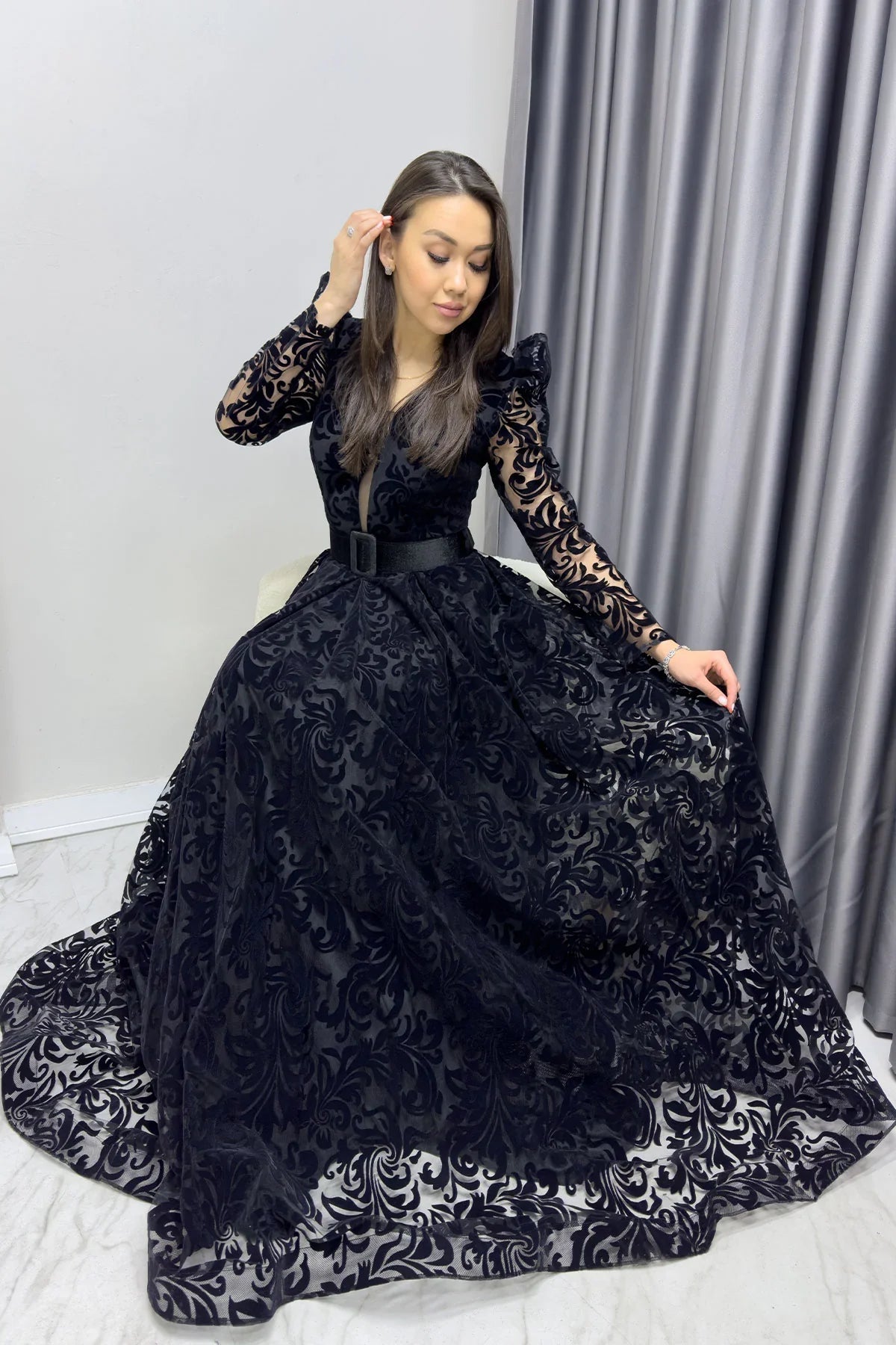 Women's Black Flocked Print Belted Plus Size Evening Gown