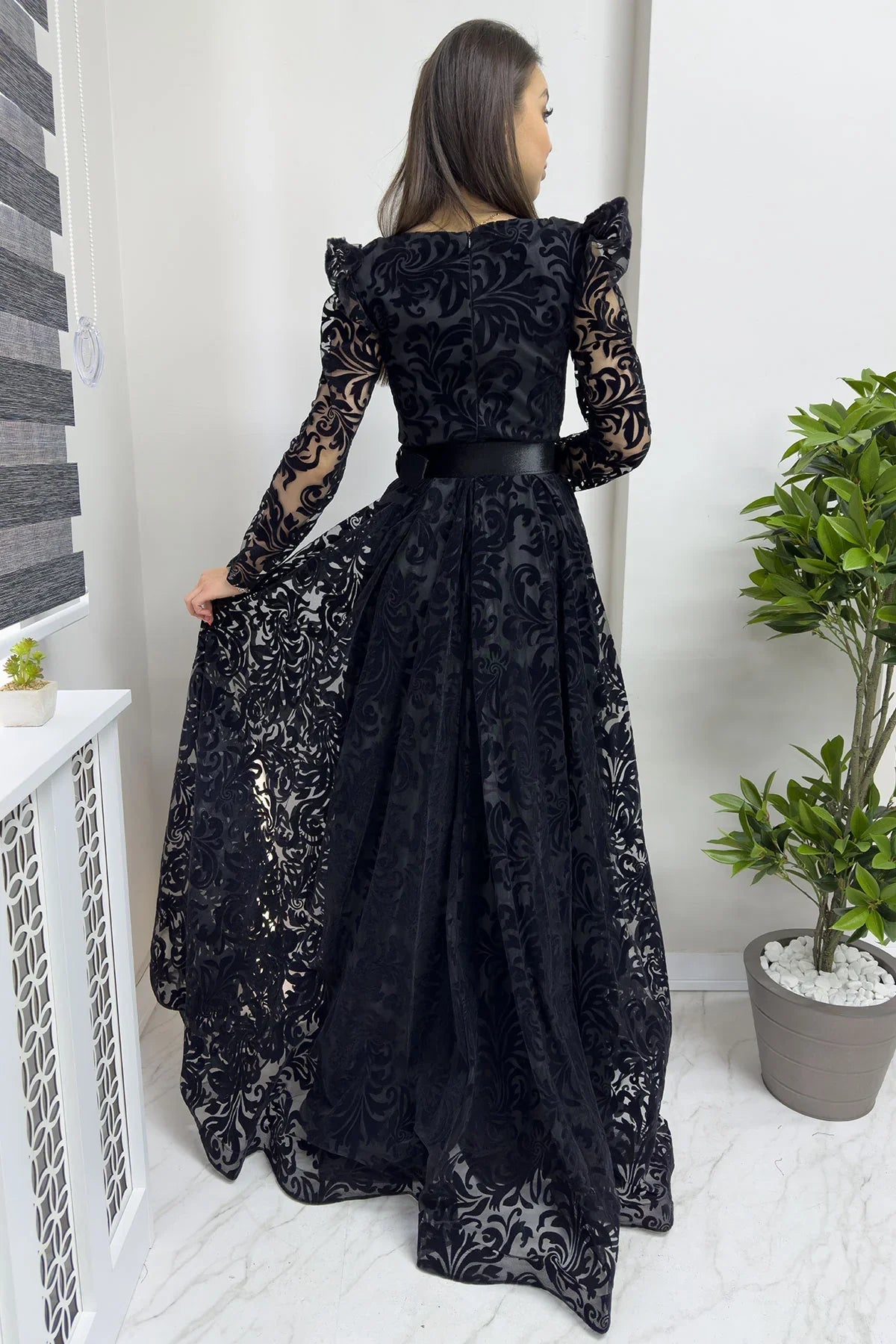 Women's Black Flocked Print Belted Plus Size Evening Gown
