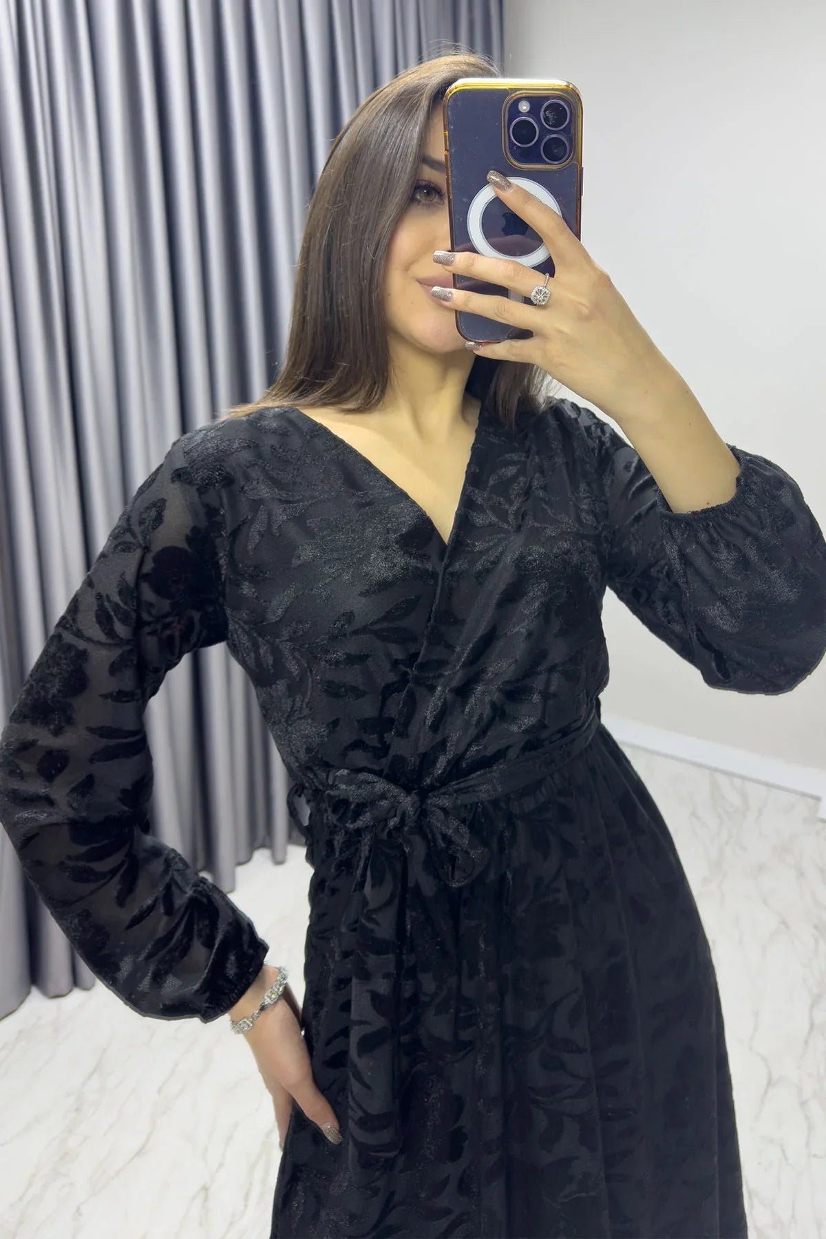 Women's Black Flocked Print Wrap Neck Dress