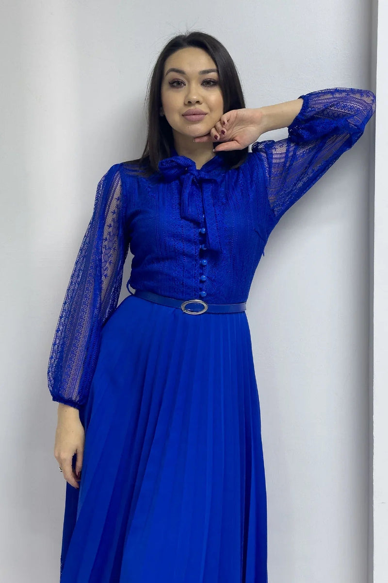 Women's Saxe Halter Tie Fransız Güpür Piliseli Evening Gown