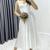 White Midi Satin Strappy Evening Dress
