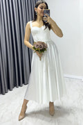 White Midi Satin Strappy Evening Dress