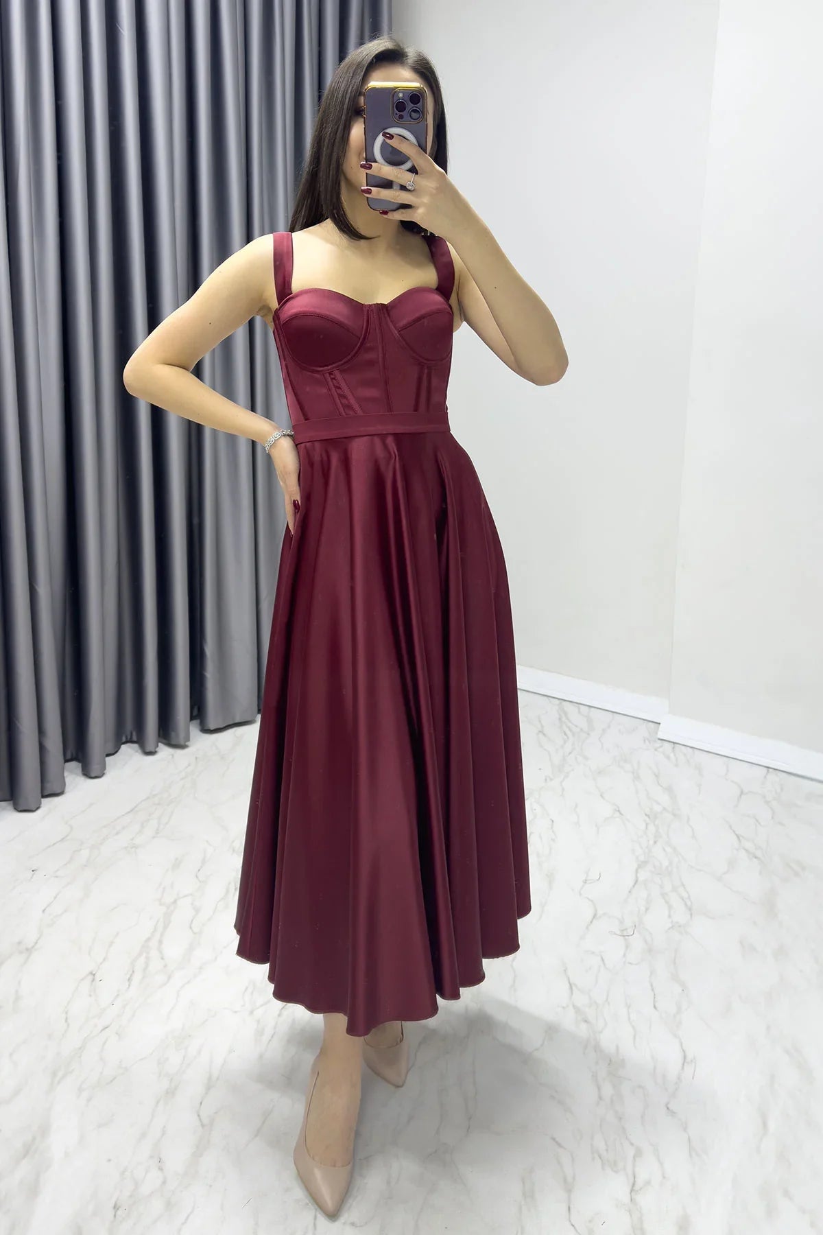 Women's Burgundy Gloplu Sırtı Bağcıklı Satin Strap Midi Evening Gown
