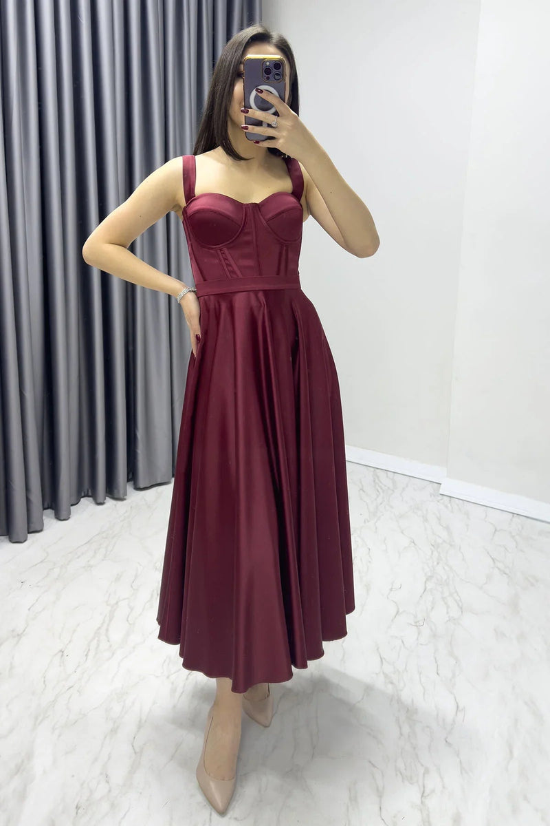 Women's Burgundy Gloplu Sırtı Bağcıklı Satin Strap Midi Evening Gown
