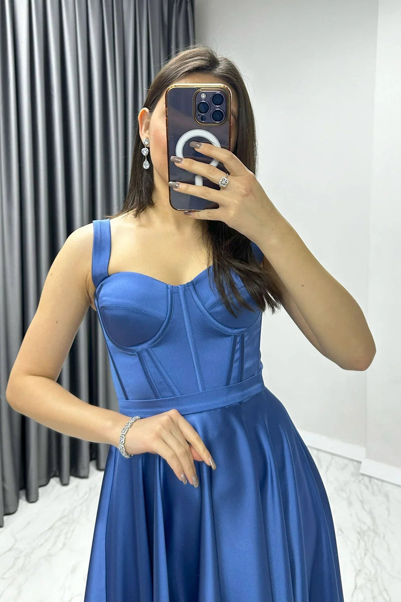 Women's Indigo Gloplu Sırtı Bağcıklı Satin Strap Midi Evening Gown