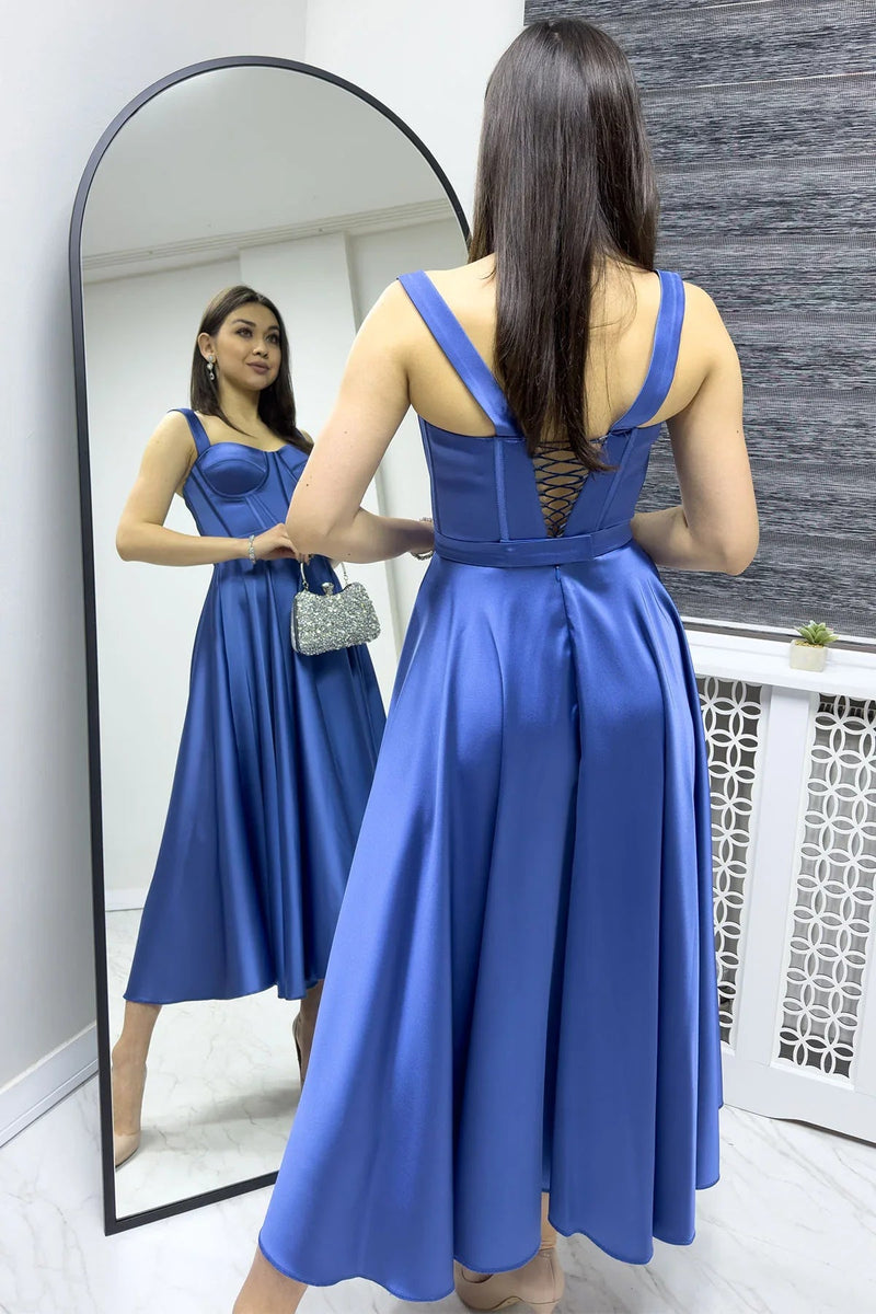 Women's Indigo Gloplu Sırtı Bağcıklı Satin Strap Midi Evening Gown