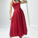 Red Midi Satin Strappy Evening Dress