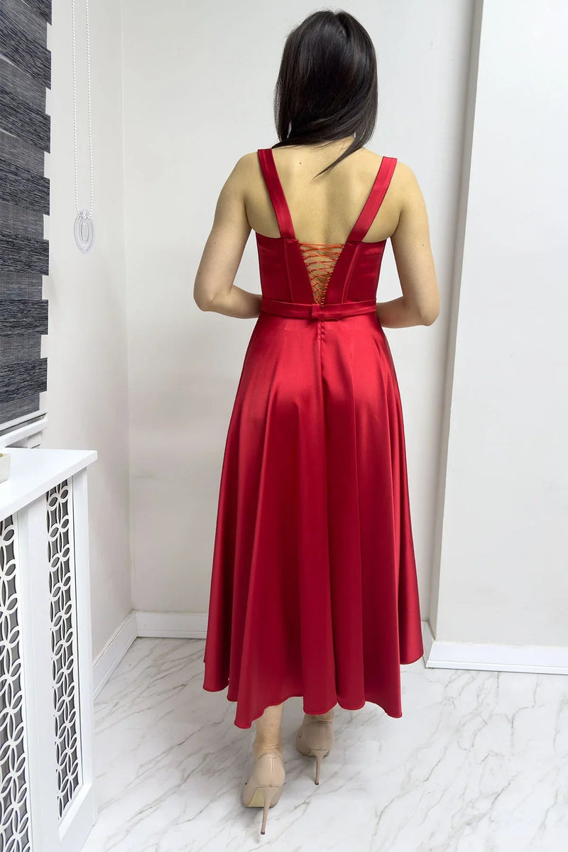 Women's Red Gloplu Sırtı Bağcıklı Satin Strap Midi Evening Gown