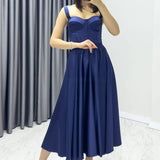 Navy Blue Midi Satin Strappy Evening Dress