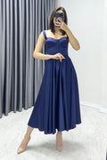 Navy Blue Midi Satin Strappy Evening Dress