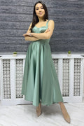 Aqua Green Midi Satin Strappy Evening Dress