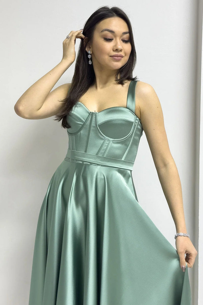 Women's Aqua Green Gloplu Sırtı Bağcıklı Satin Strap Midi Evening Gown