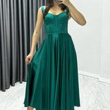 Emerald Green Midi Satin Strappy Evening Dress