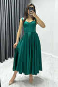 Emerald Green Midi Satin Strappy Evening Dress