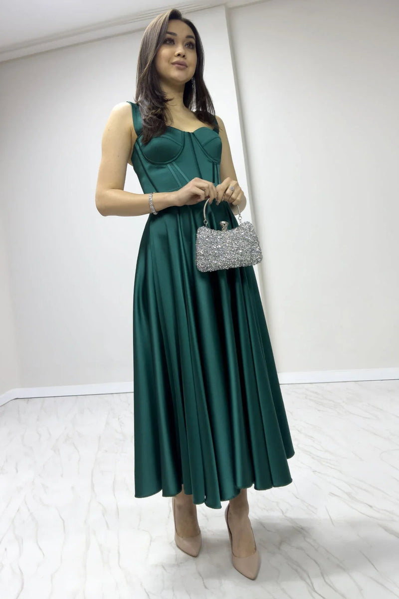 Women's Emerald Green Gloplu Sırtı Bağcıklı Satin Strap Midi Evening Gown