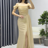 Gold Off-Shoulder Glitter Maxi Evening Dress