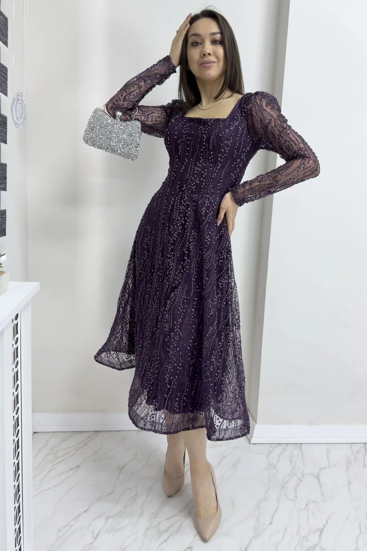 Women's Purple Square Neck Glitter Embroidered Flared Evening Gown