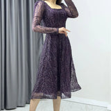 Purple Square Neck Glitter Embroidered Flared Evening Dress
