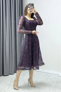 Purple Square Neck Glitter Embroidered Flared Evening Dress