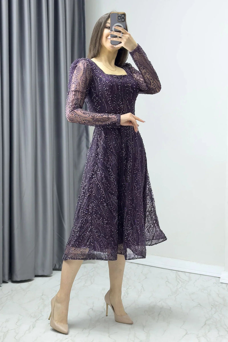 Women's Purple Square Neck Glitter Embroidered Flared Evening Gown
