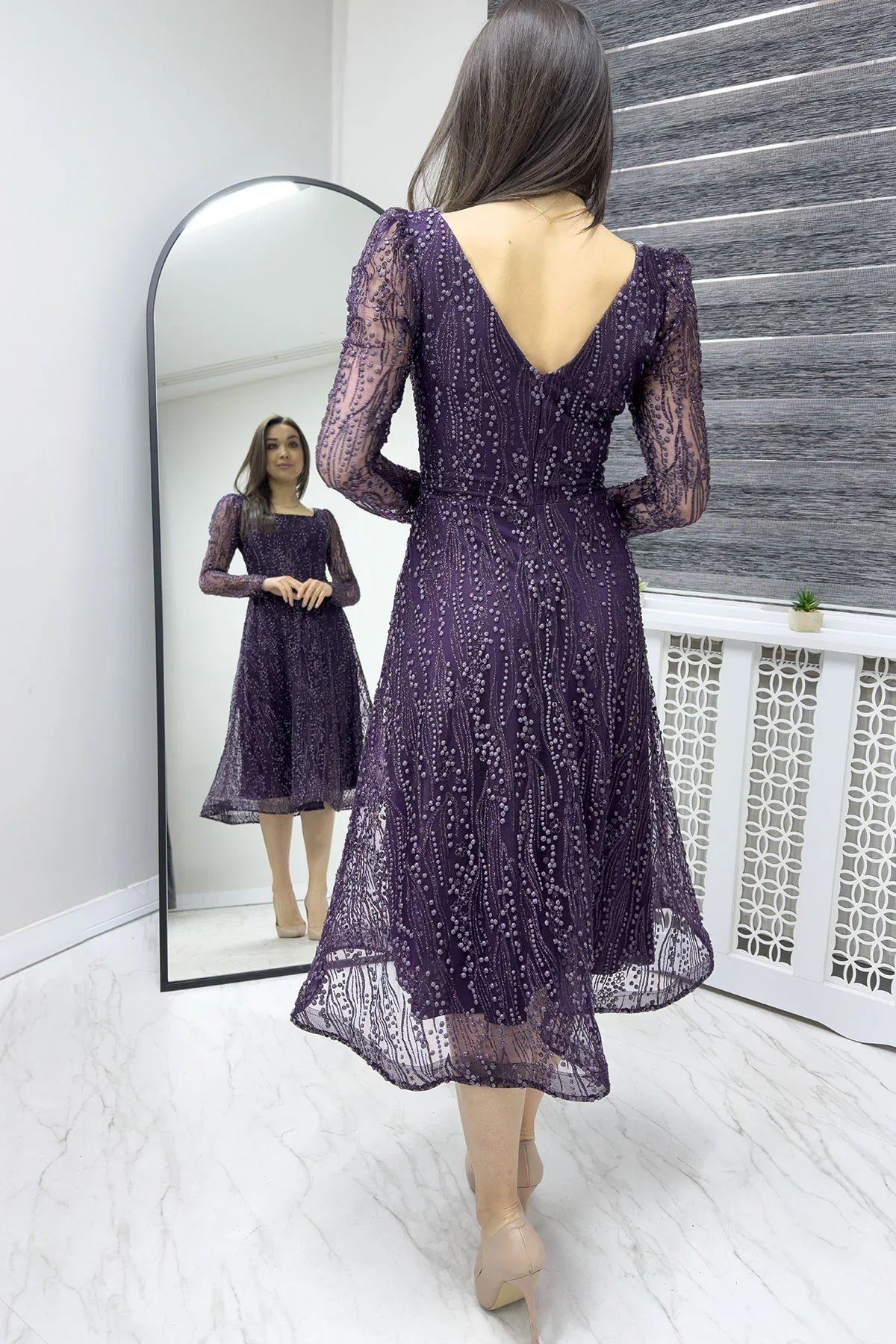 Women's Purple Square Neck Glitter Embroidered Flared Evening Gown