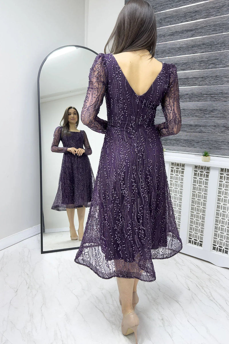 Women's Purple Square Neck Glitter Embroidered Flared Evening Gown