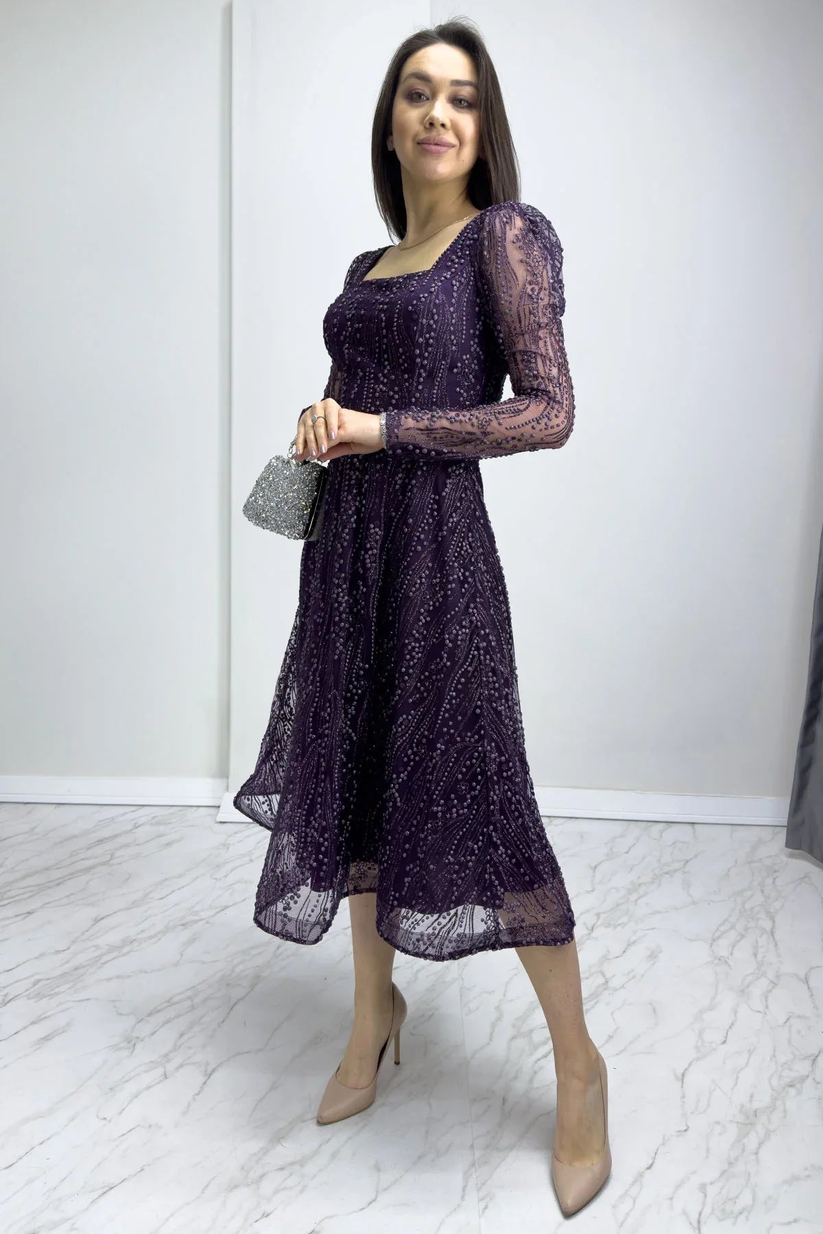 Women's Purple Square Neck Glitter Embroidered Flared Evening Gown