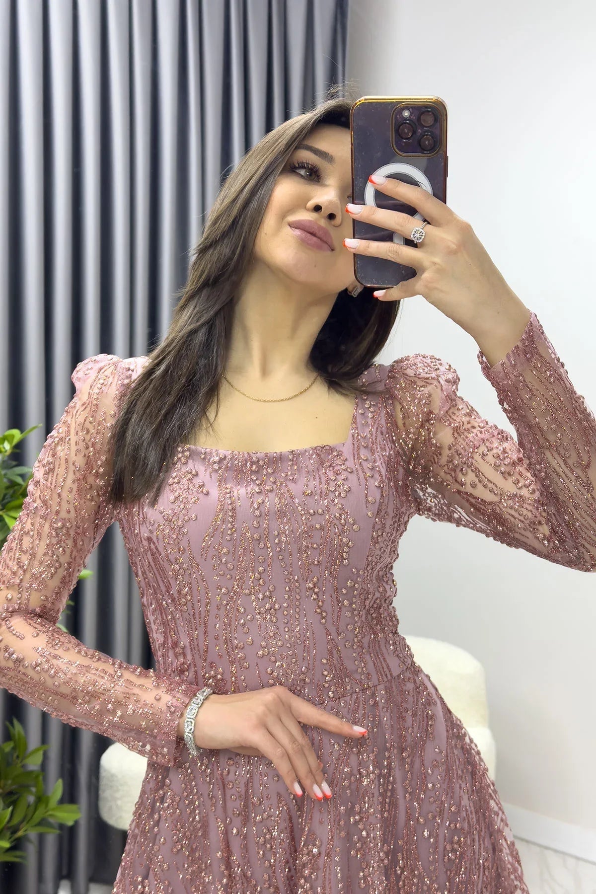 Women's Powder Pink Square Neck Glitter Embroidered Flared Evening Gown