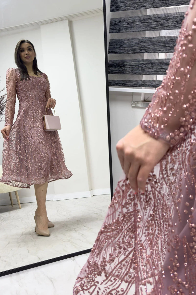 Women's Powder Pink Square Neck Glitter Embroidered Flared Evening Gown