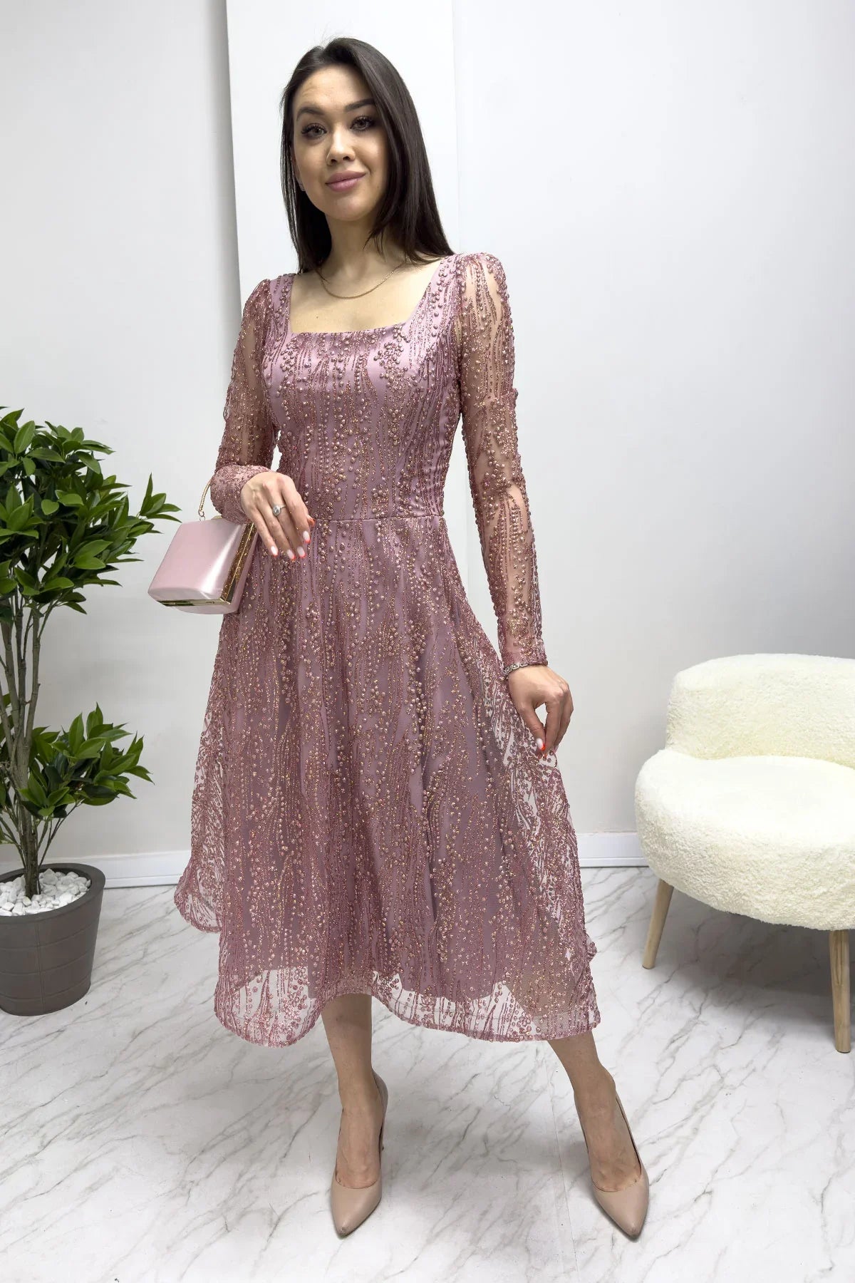 Women's Powder Pink Square Neck Glitter Embroidered Flared Evening Gown