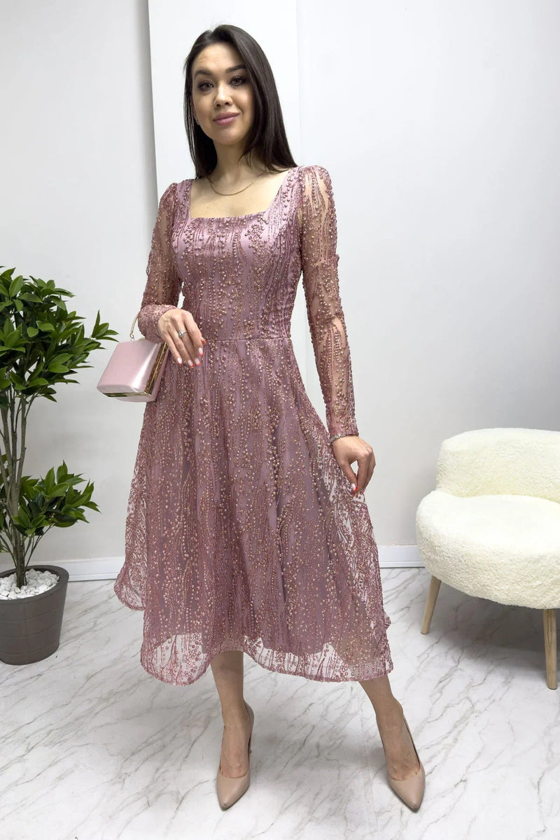 Women's Powder Pink Square Neck Glitter Embroidered Flared Evening Gown