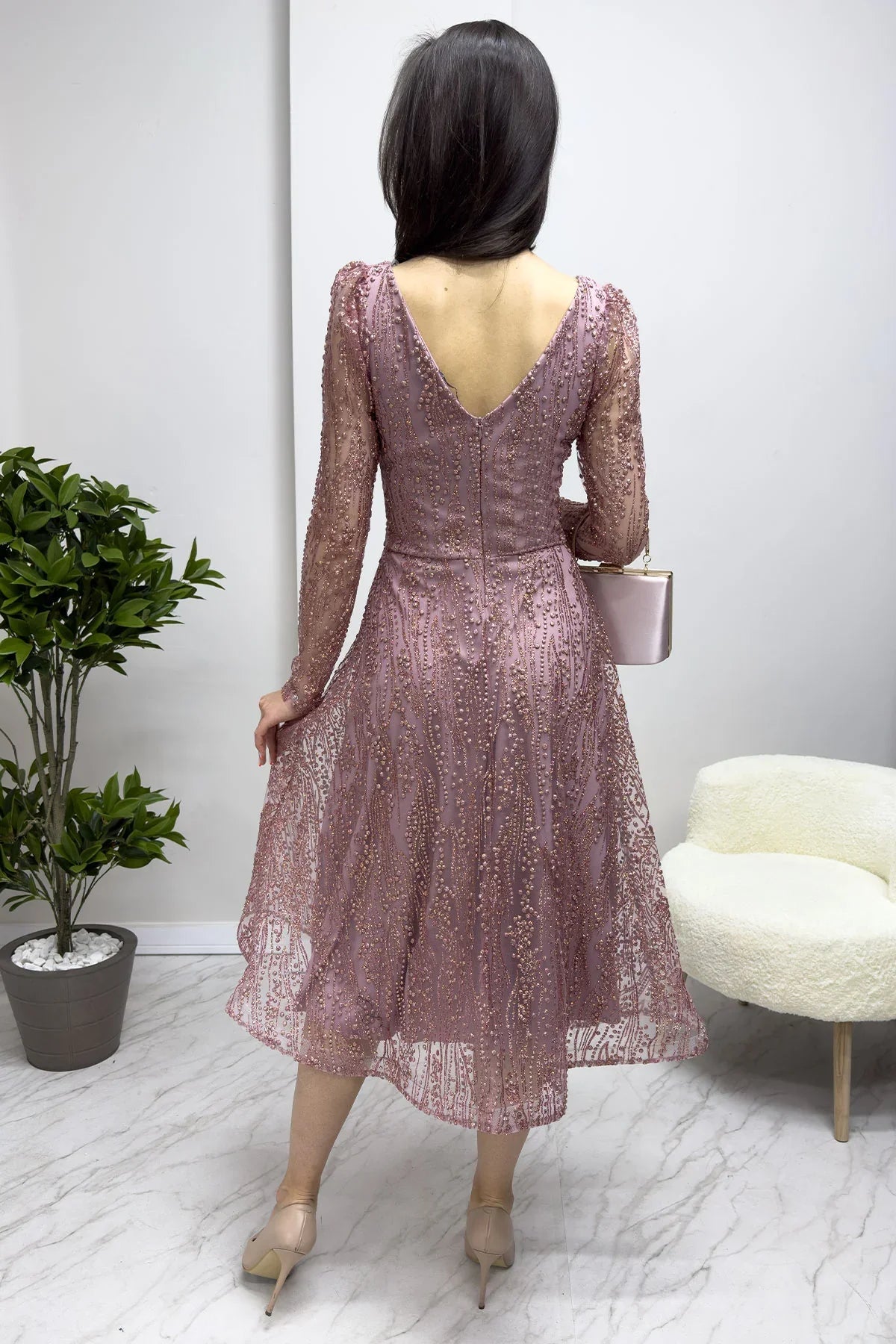 Women's Powder Pink Square Neck Glitter Embroidered Flared Evening Gown