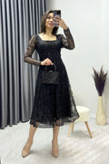 Black Square Neck Glitter Embroidered Flared Evening Dress