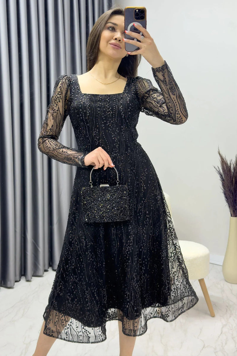 Women's Black Square Neck Glitter Embroidered Flared Evening Gown