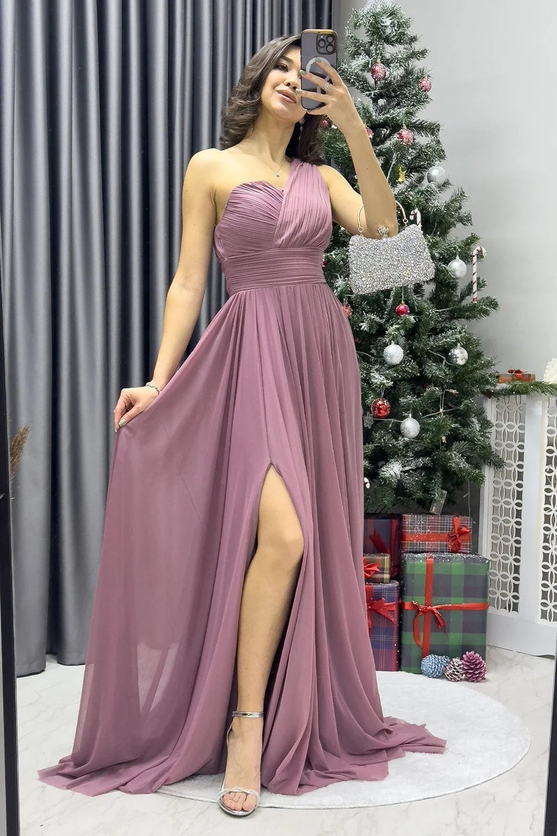 Women's Dusty Rose Tek Omuz Piliseli Flared Evening Gown - the ZKS