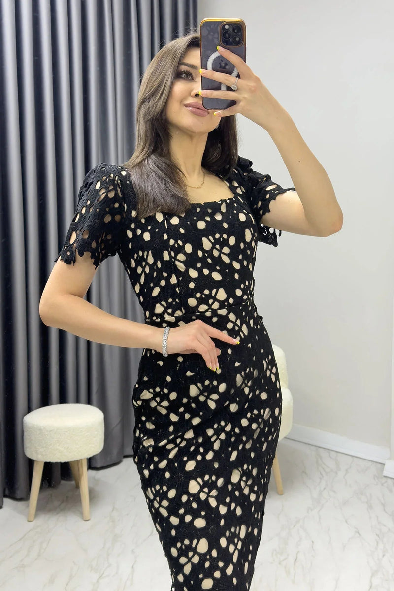 Women's Black Güpür Detail Short Sleevelu Dress