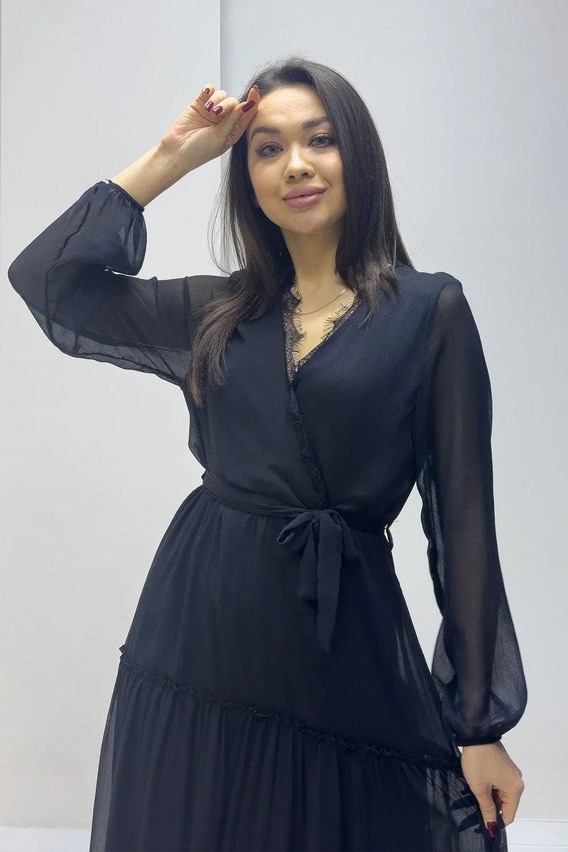Women's Black Wrap Guipure Neck Chiffon Plus Size Dress