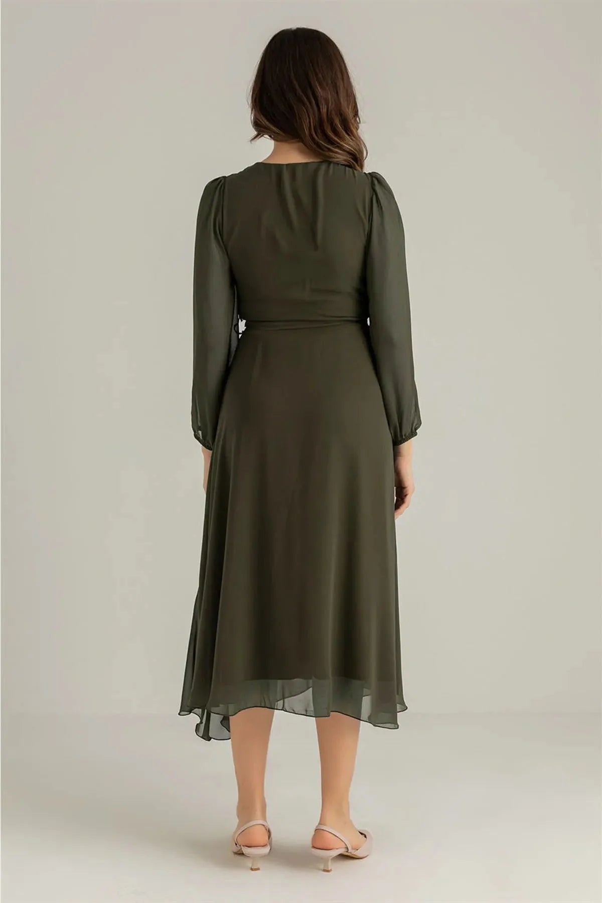 Women's Khaki Balloon Sleeve Wrap Midi Chiffon Dress
