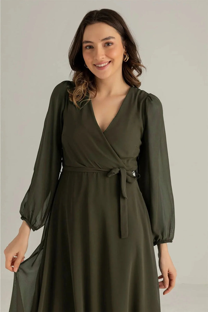 Women's Khaki Balloon Sleeve Wrap Midi Chiffon Dress