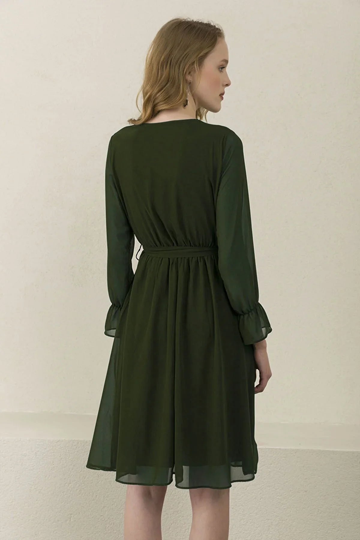 Women's Khaki Wrap Neck Chiffon Plus Size Short Dress