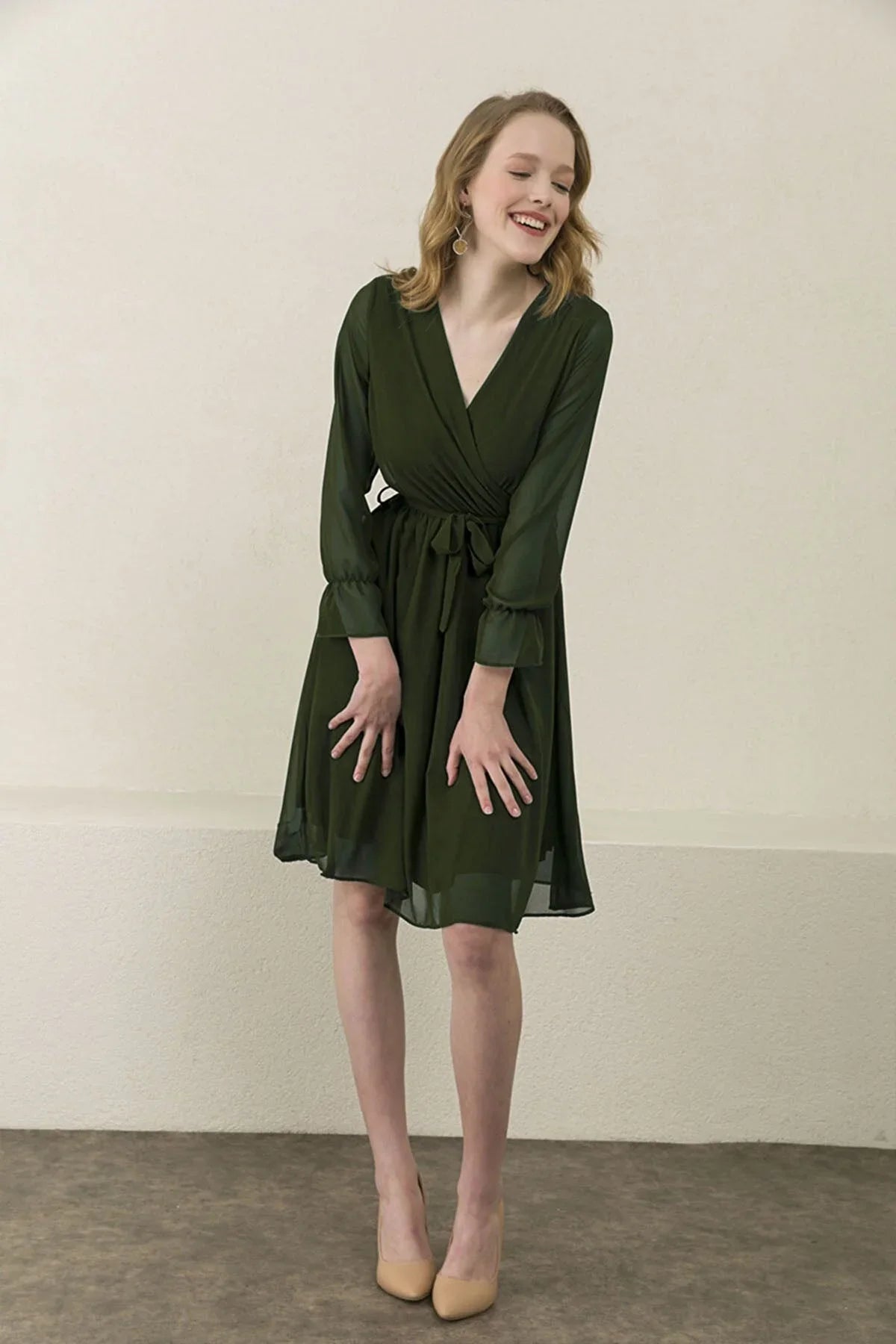 Women's Khaki Wrap Neck Chiffon Plus Size Short Dress