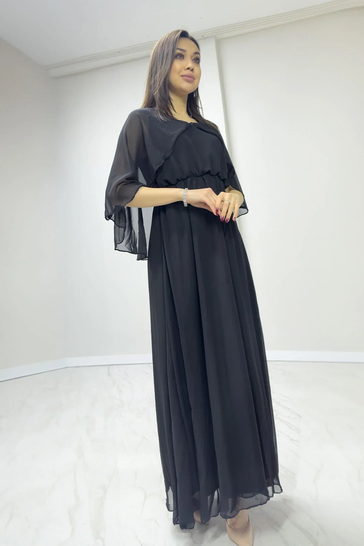 Women's Black Chiffon Pelerin Dress