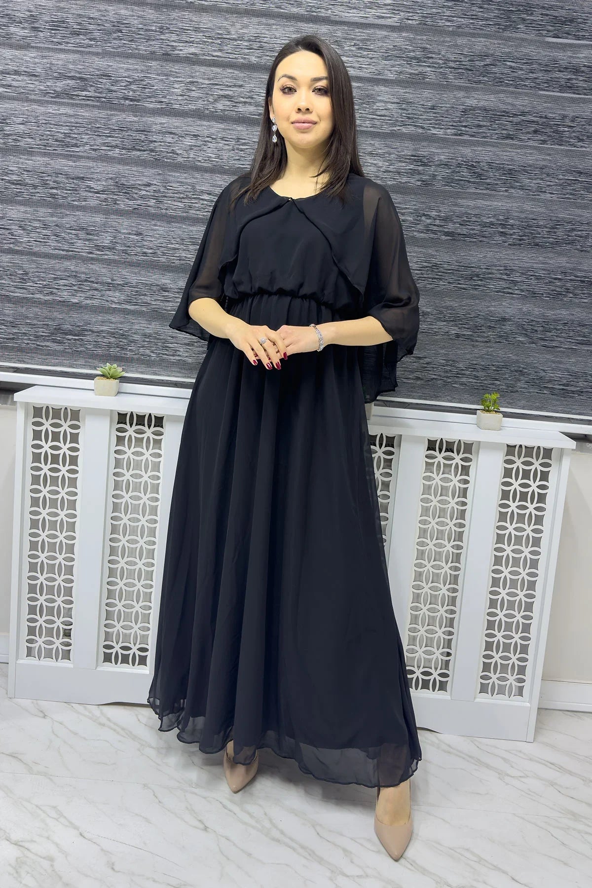 Women's Black Chiffon Pelerin Dress
