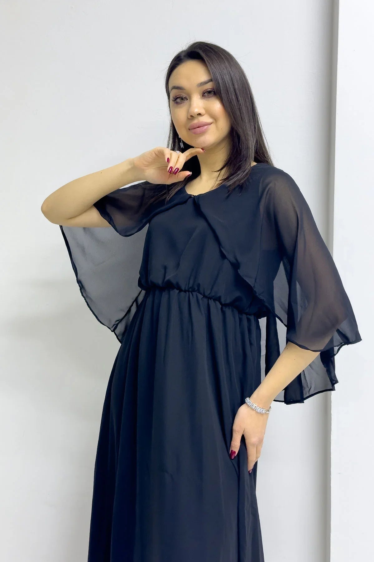 Women's Black Chiffon Pelerin Dress