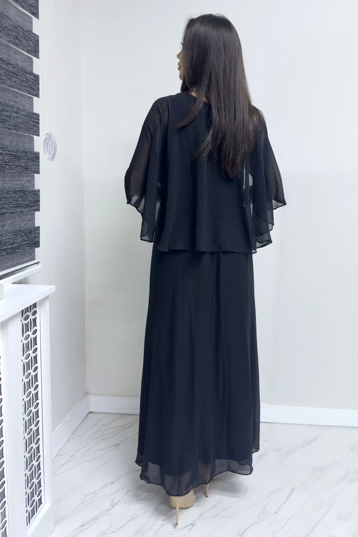 Women's Black Chiffon Pelerin Dress