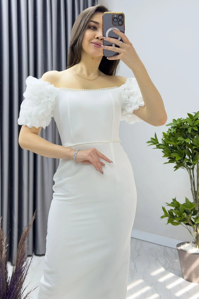 Women's White İnci detay Pencil Prenses Sleeve Tasarım Dress