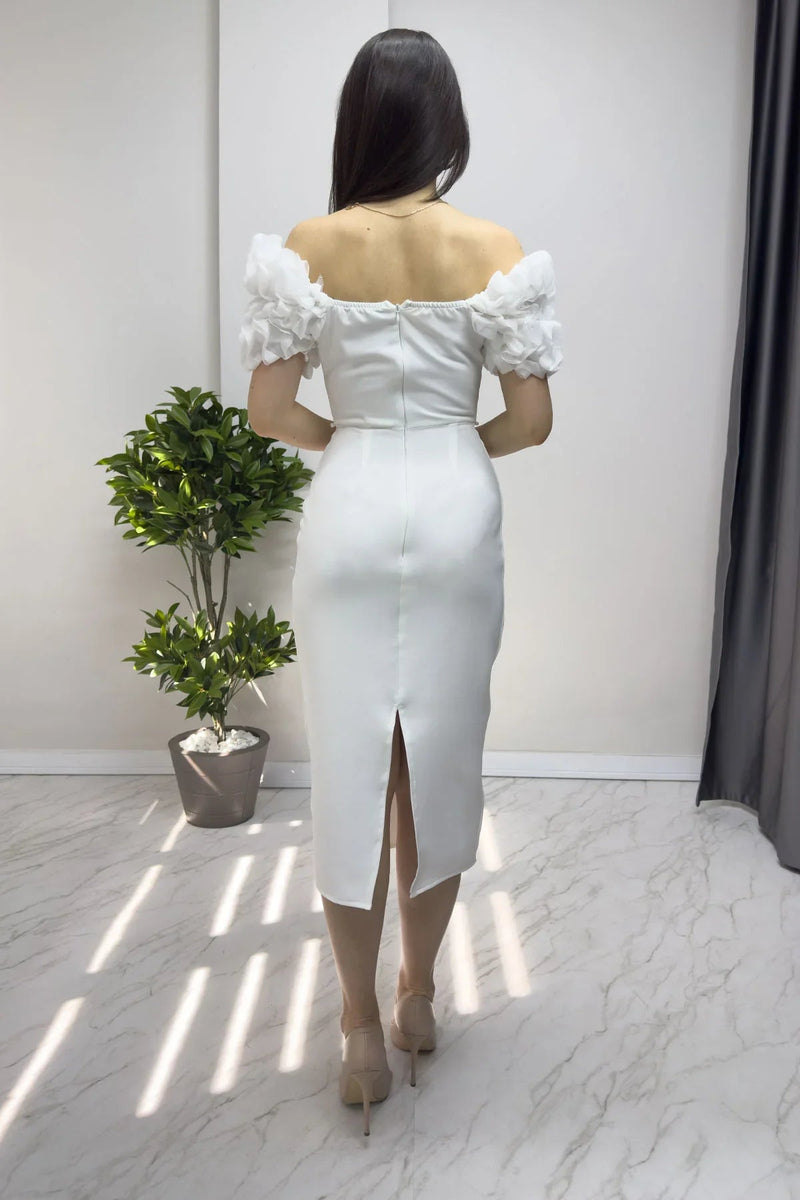 Women's White İnci detay Pencil Prenses Sleeve Tasarım Dress