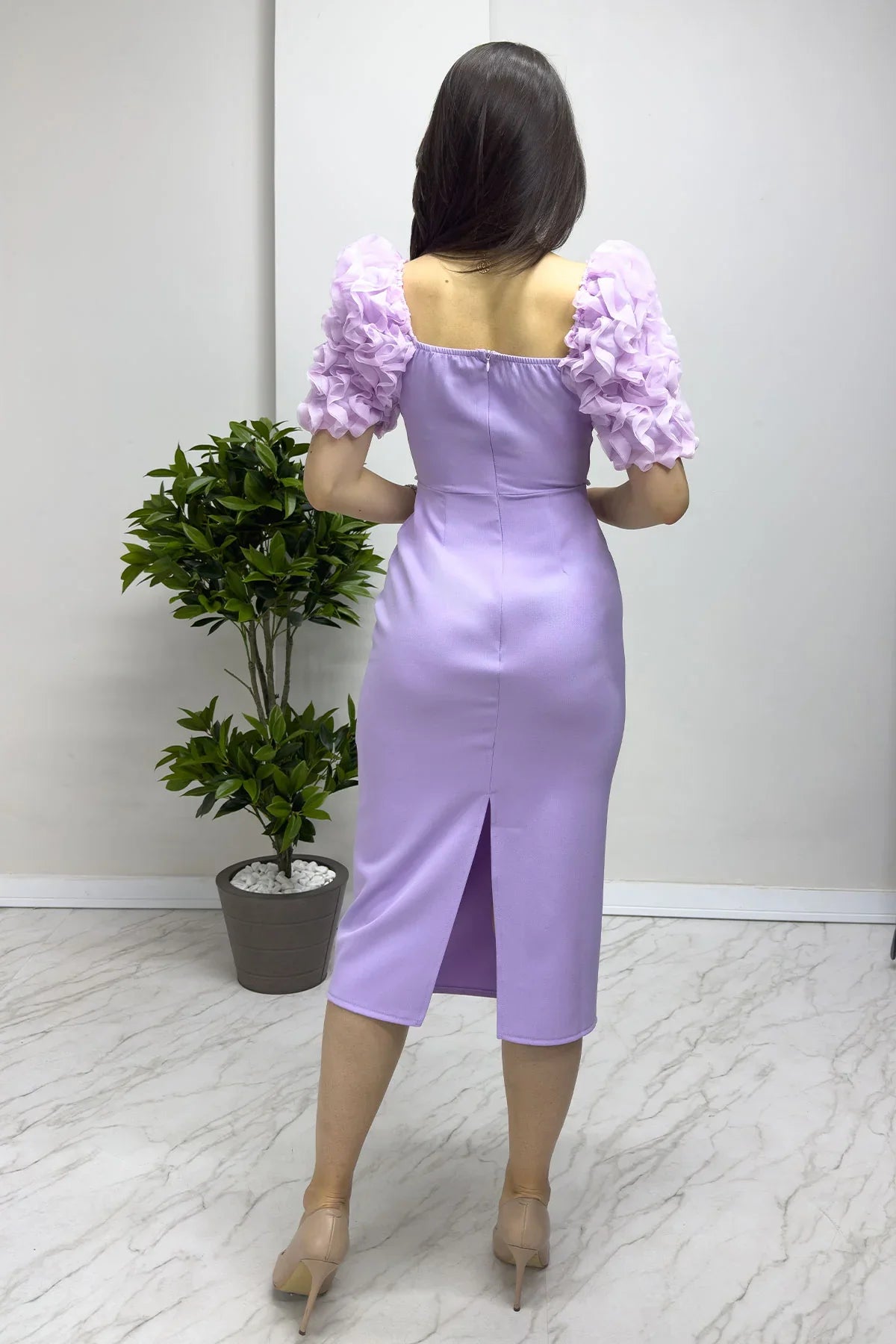 Women's Lilac İnci detay Pencil Prenses Sleeve Tasarım Dress