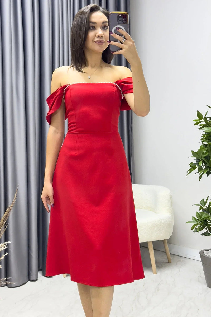 Women's Red Flared İnci Detail Dress
